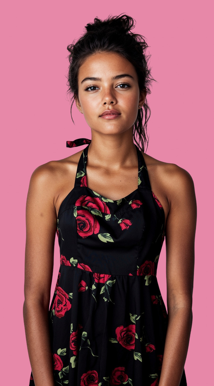 Black and Red Rose Print Halter Swing Dress